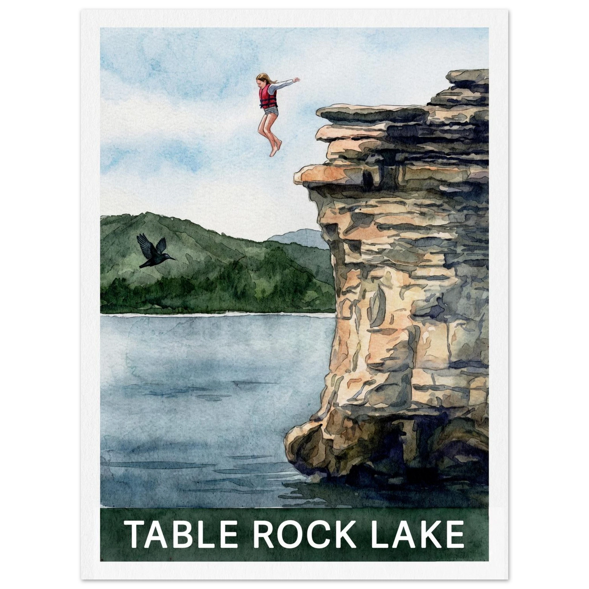 Table Rock Lake watercolor lake house print showing summer cliff jumping
