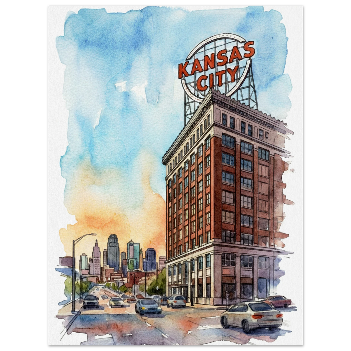 Kansas City Crossroads street scene art print with soft watercolor edges