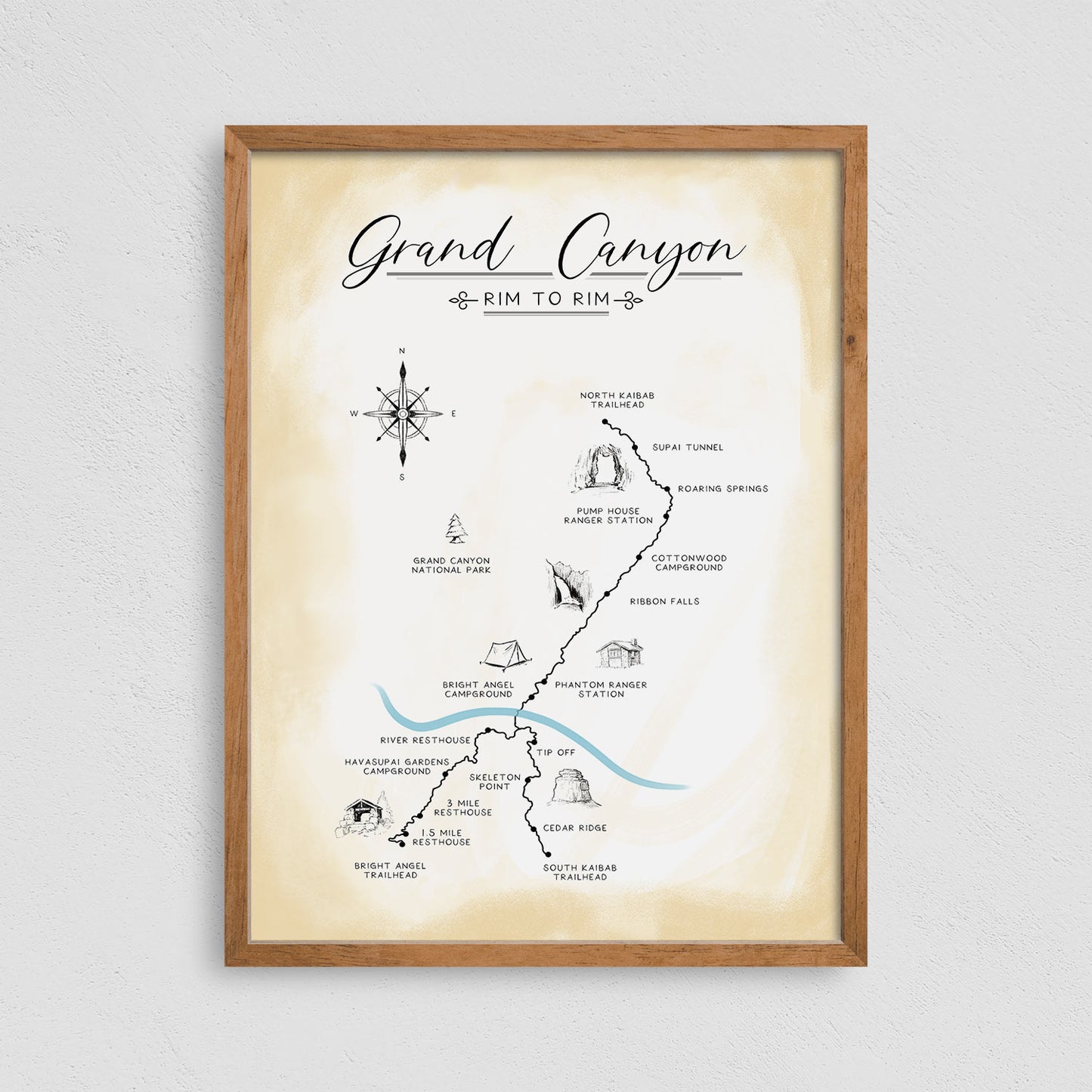 Rim to Rim Trail Map Print Hiking Poster