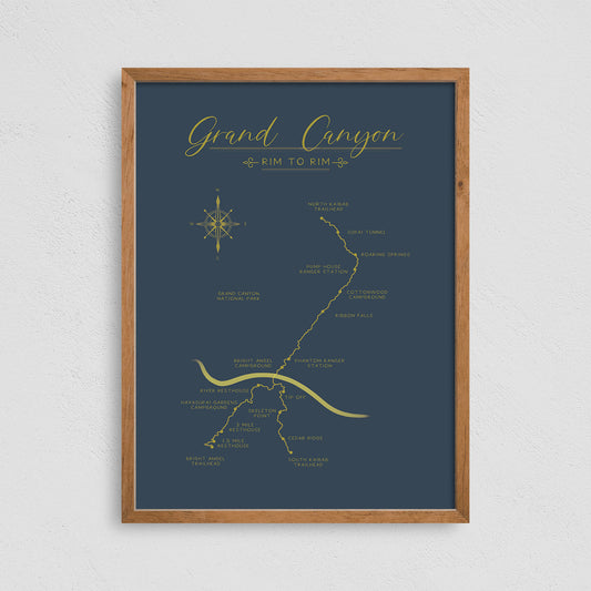 Rim to Rim Trail Map Poster Hiking Print, Minimalist Design