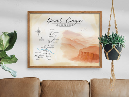 Rim to Rim Trail Map Grand Canyon Wall Art