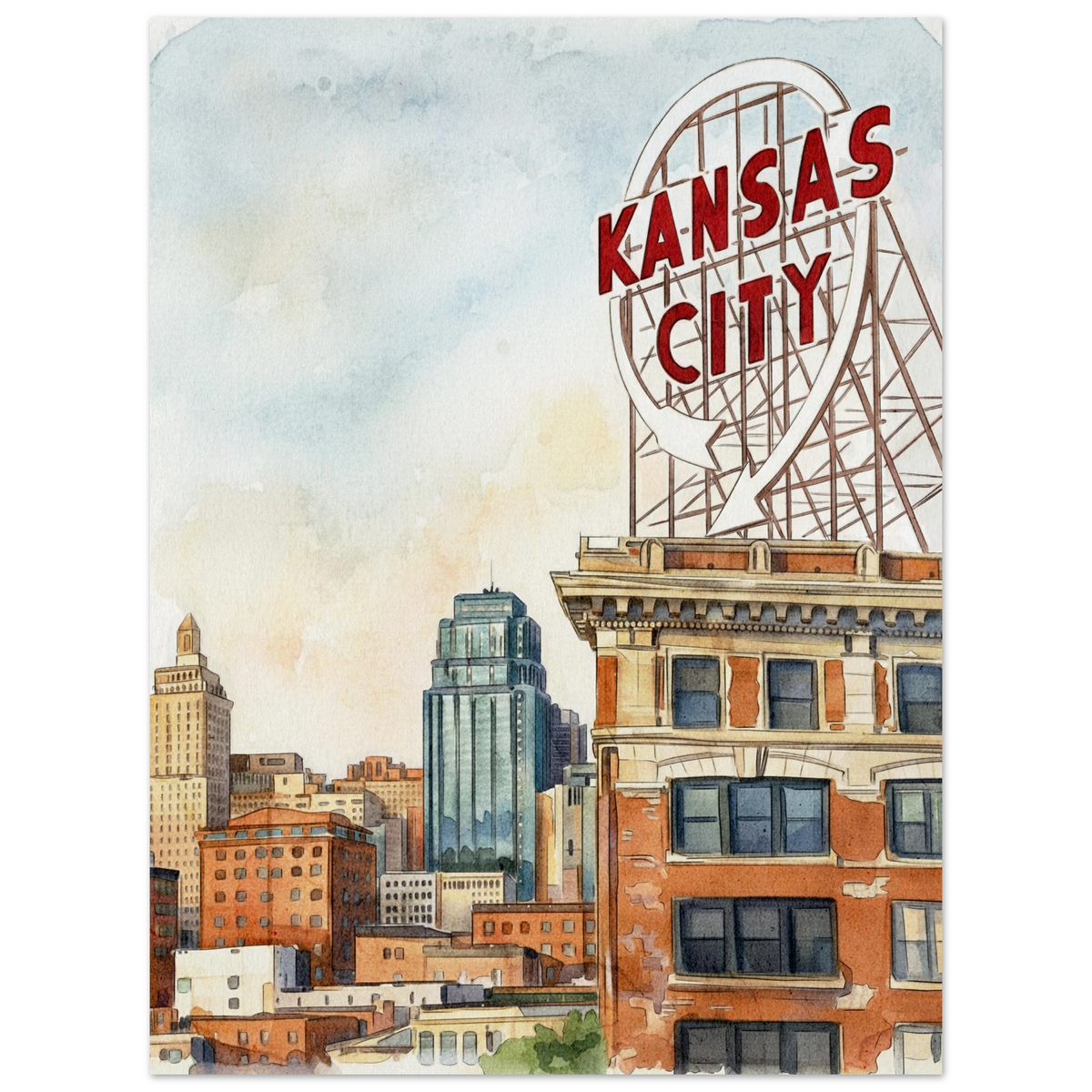 Kansas City skyline watercolor wall art featuring the historic rooftop sign