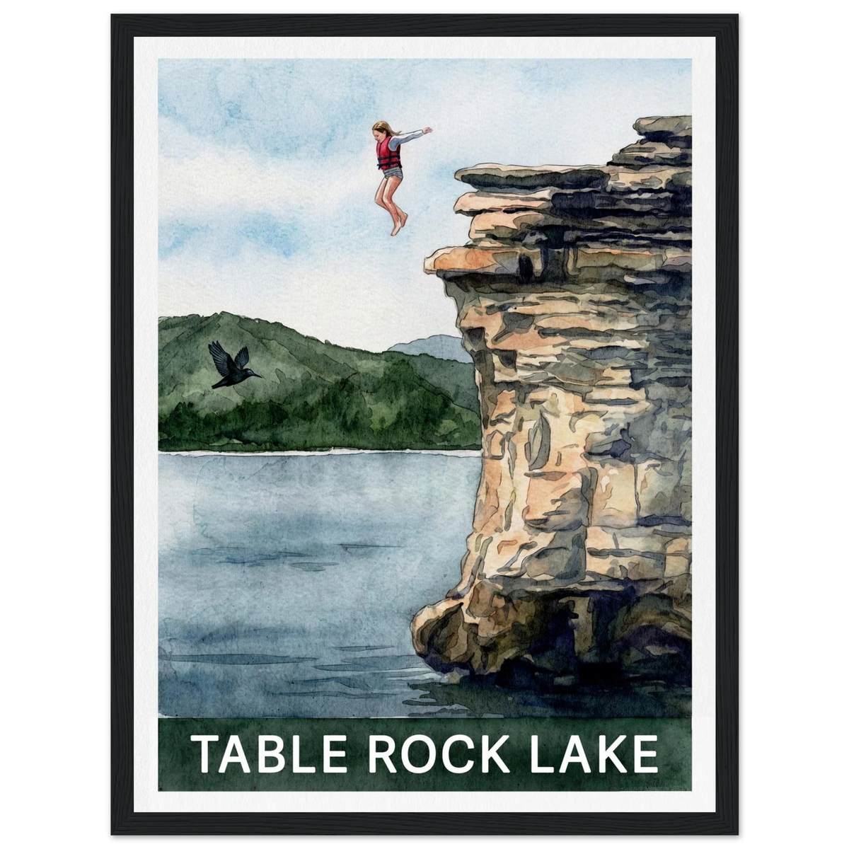 Table Rock Lake cliff jumping watercolor art print with white border