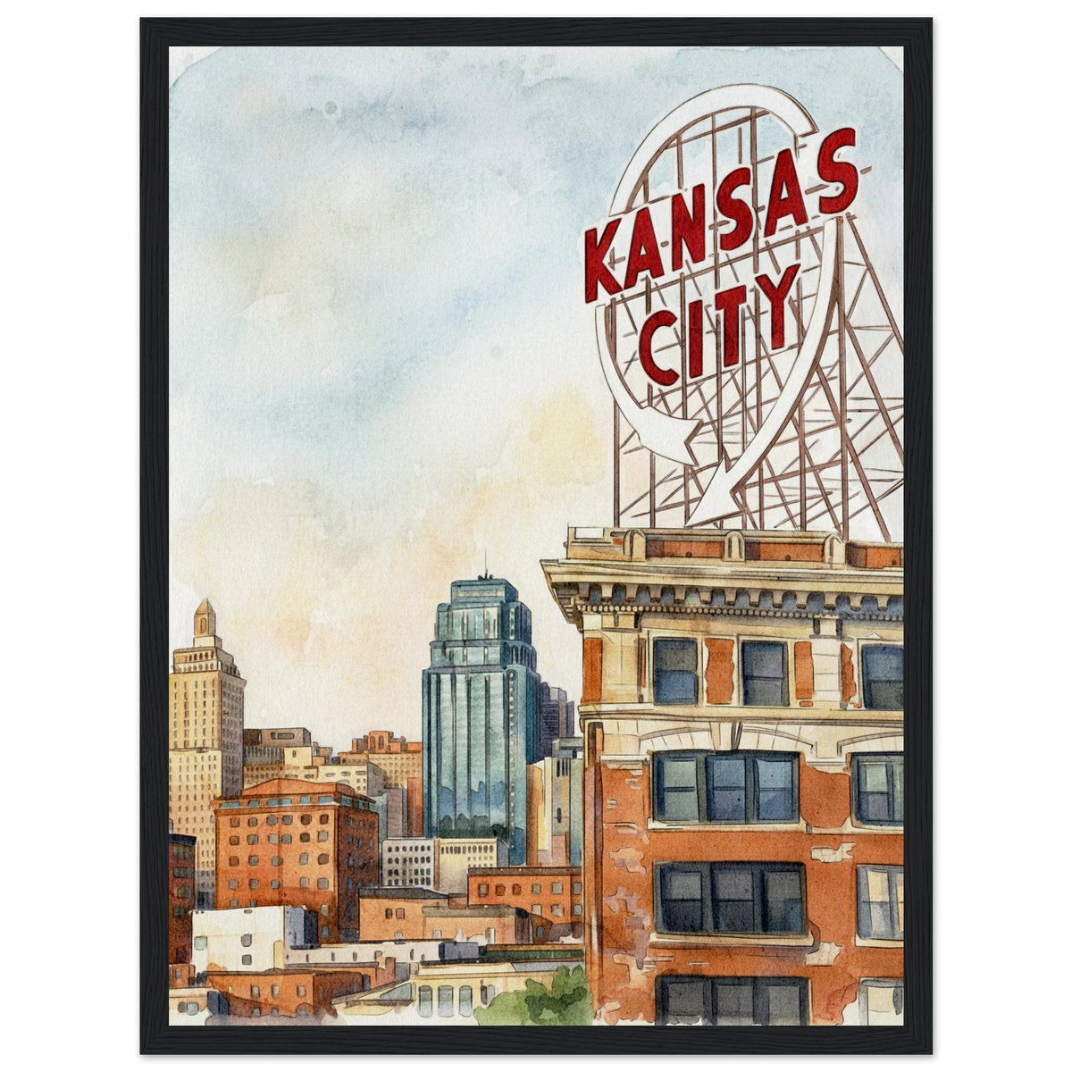 Kansas City Crossroads art print with red lettering and warm brick buildings