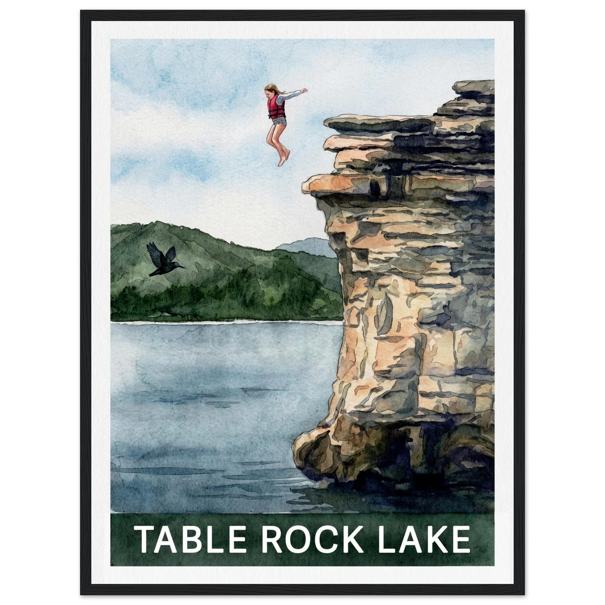 Table Rock Lake cliff jumping watercolor print with a red life jacket, limestone bluffs and blue water