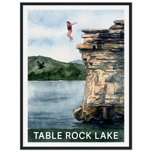 Table Rock Lake cliff jumping watercolor print with a red life jacket, limestone bluffs and blue water