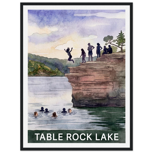 Table Rock Lake sunset watercolor print displayed in a black wooden frame