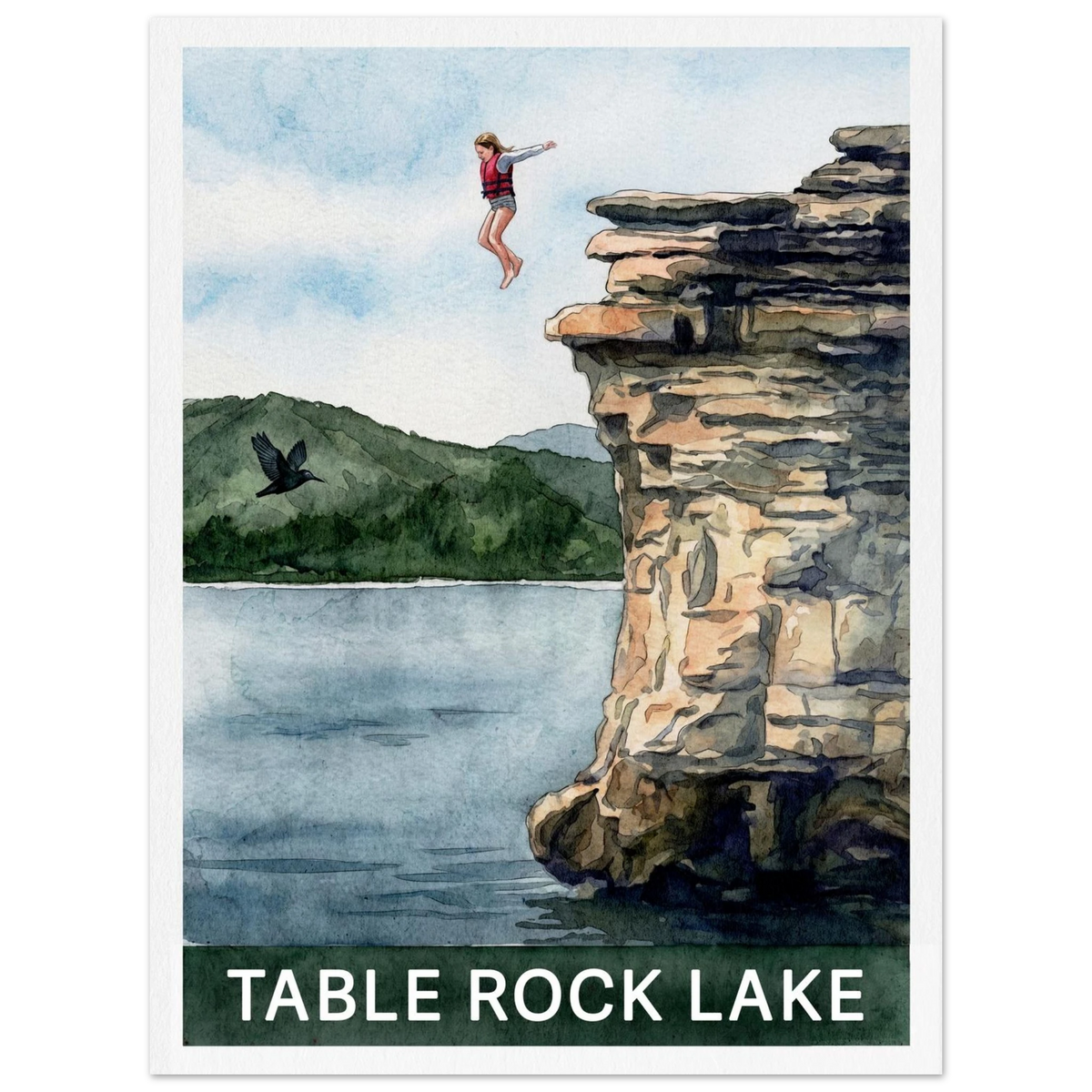 Table Rock Lake watercolor wall art featuring a cliff jumper and wooded Ozark hills