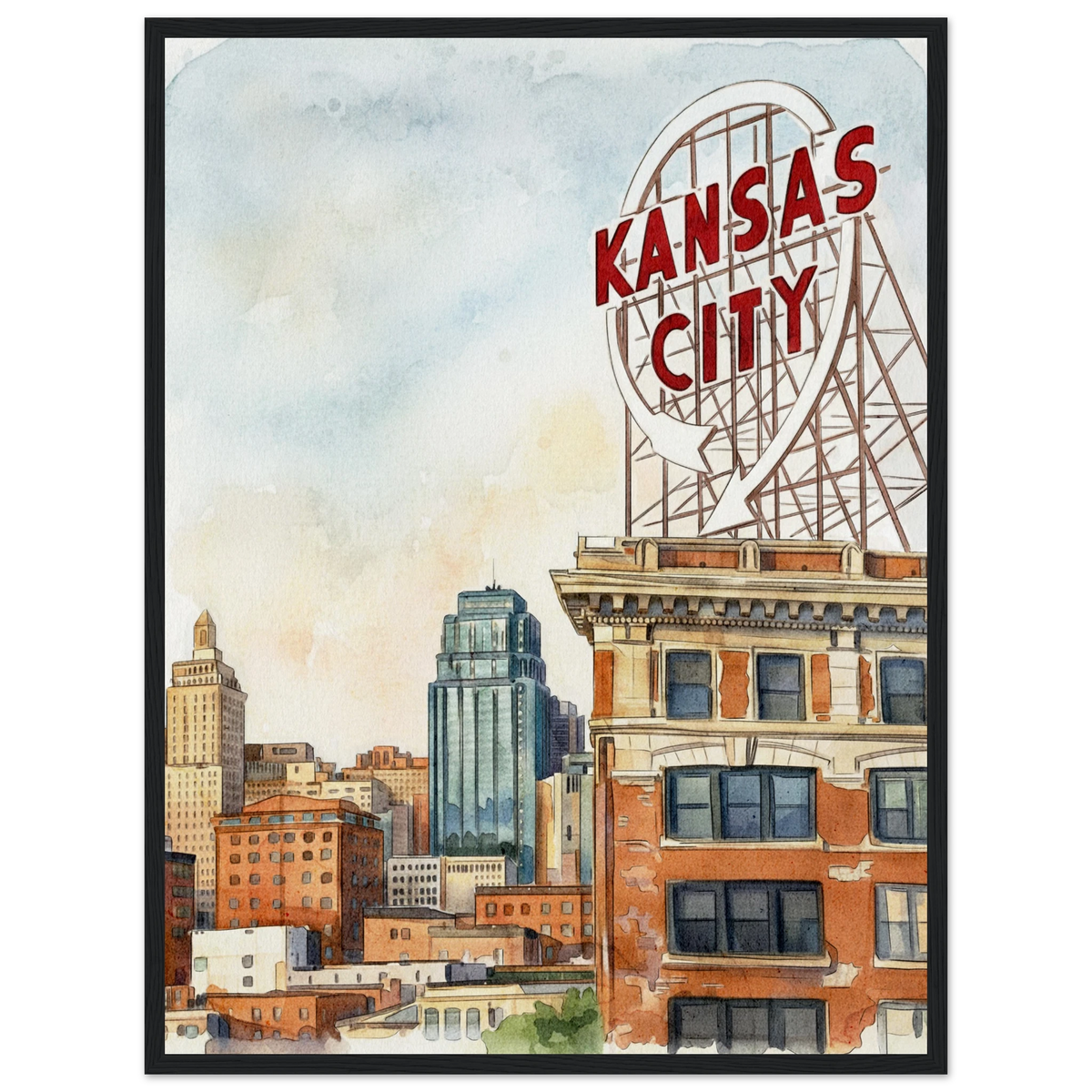 Kansas City Crossroads watercolor print with a close-up red Kansas City sign and downtown skyline