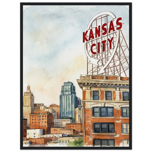 Kansas City Crossroads watercolor print with a close-up red Kansas City sign and downtown skyline