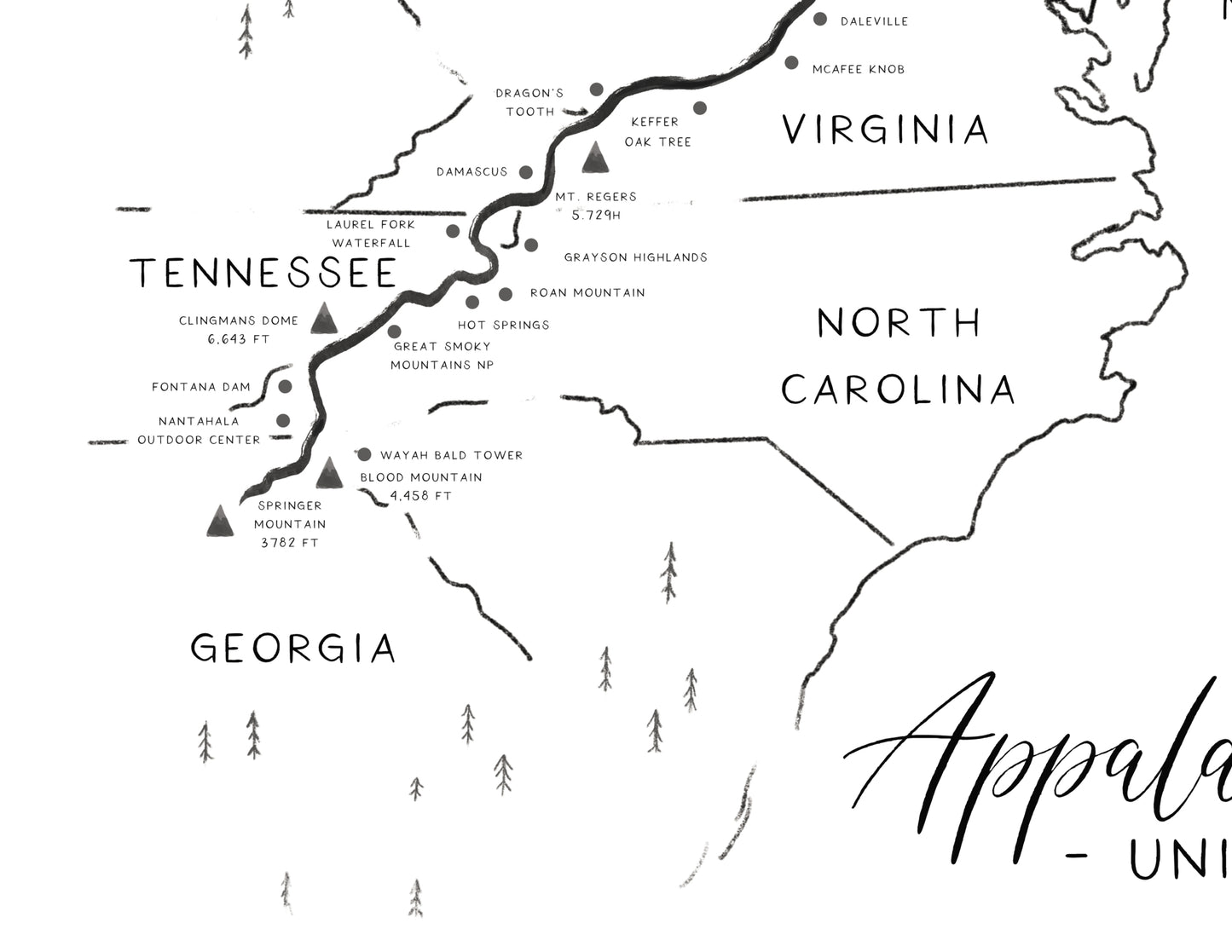 Appalachian Hiking Trail Map Poster, Minimalist Design