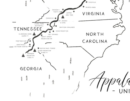 Appalachian Hiking Trail Map Poster, Minimalist Design