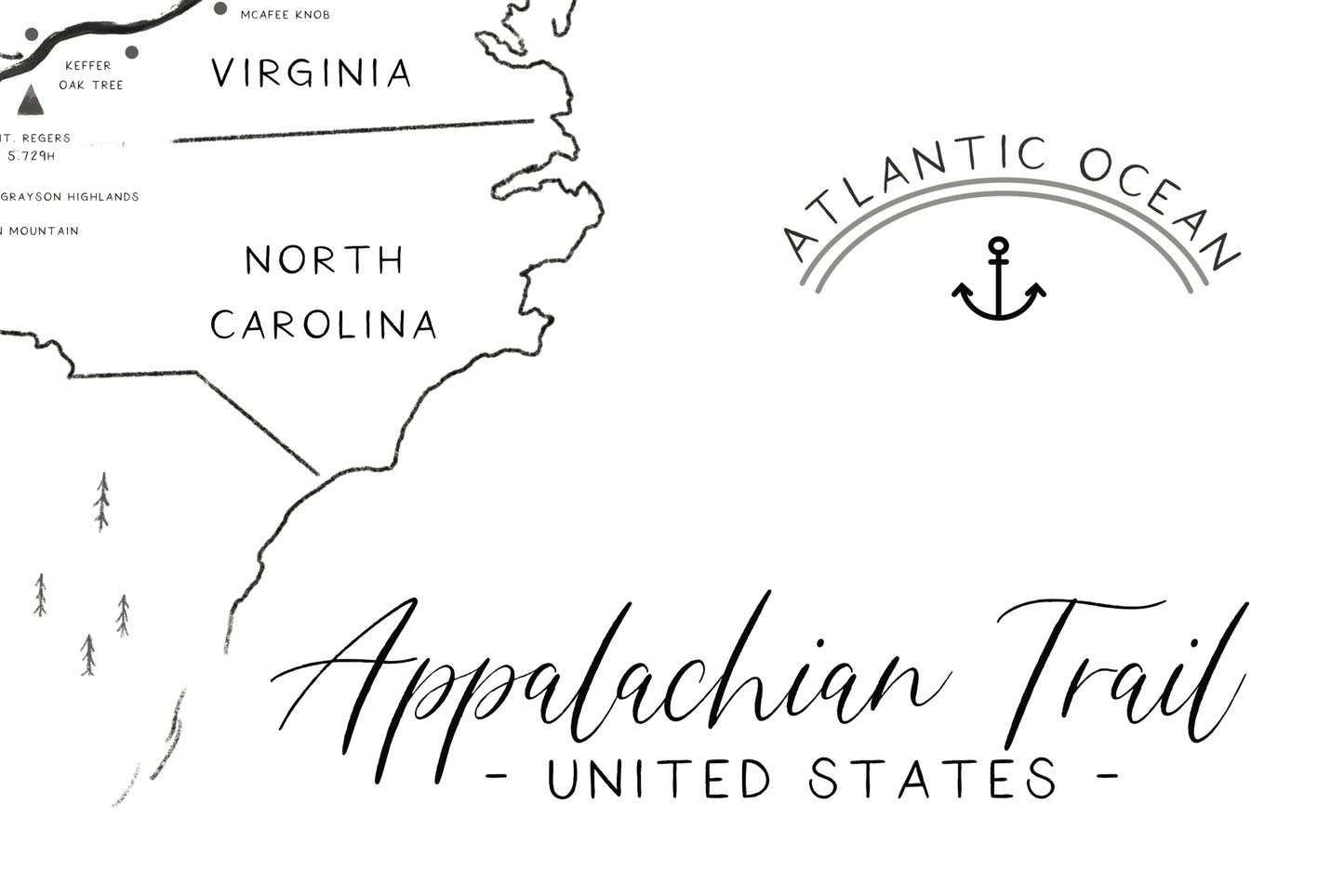 Appalachian Hiking Trail Map Poster, Minimalist Design