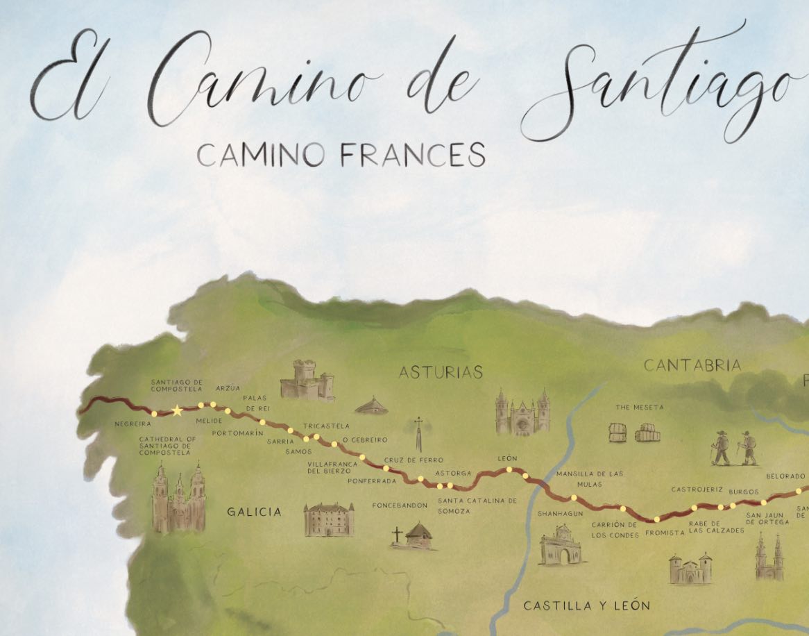 El Camino De Santiago Map Print Hiking Poster