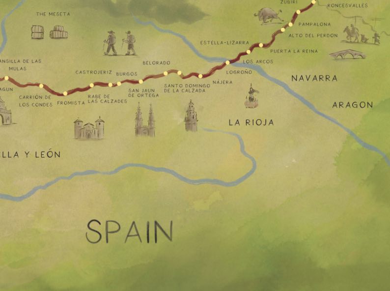 El Camino De Santiago Map Print Hiking Poster