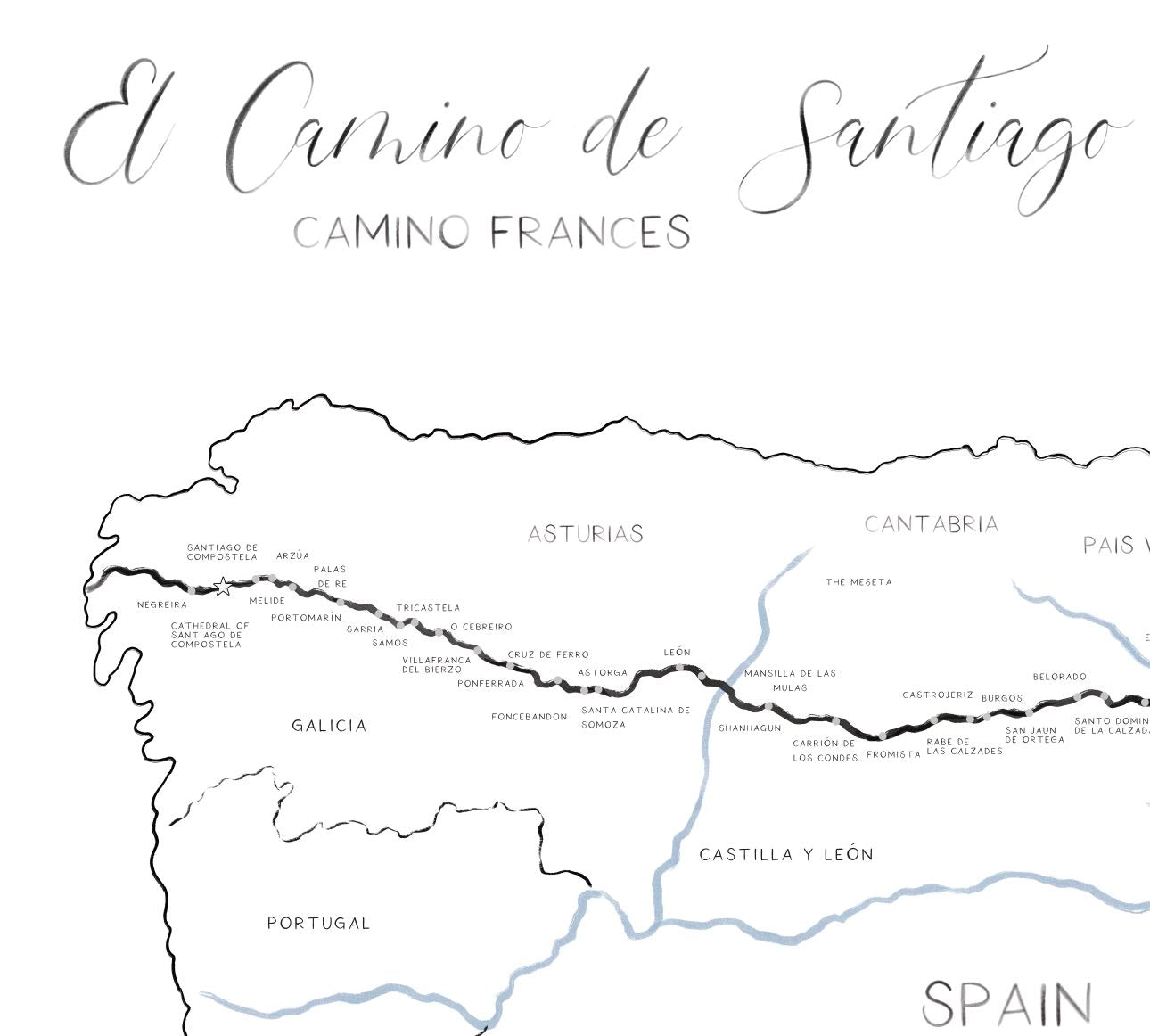 El Camino De Santiago Map Poster Hiking Print, Minimalist Design