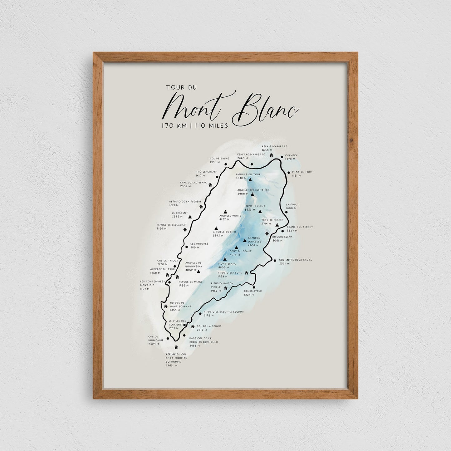Tour du Mont Blanc Trail Map Print Hiking Poster