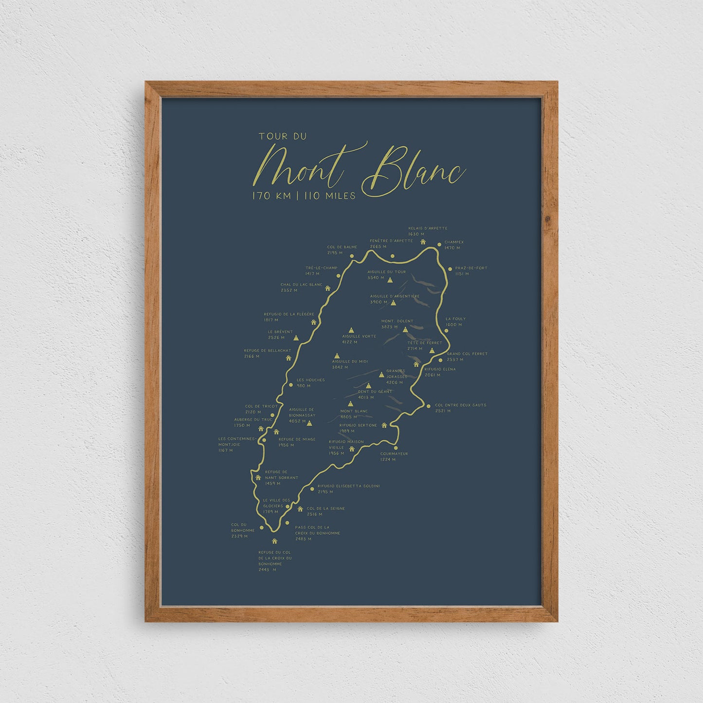Tour du Mont Blanc Trail Map Poster Hiking Print, Minimalist Design