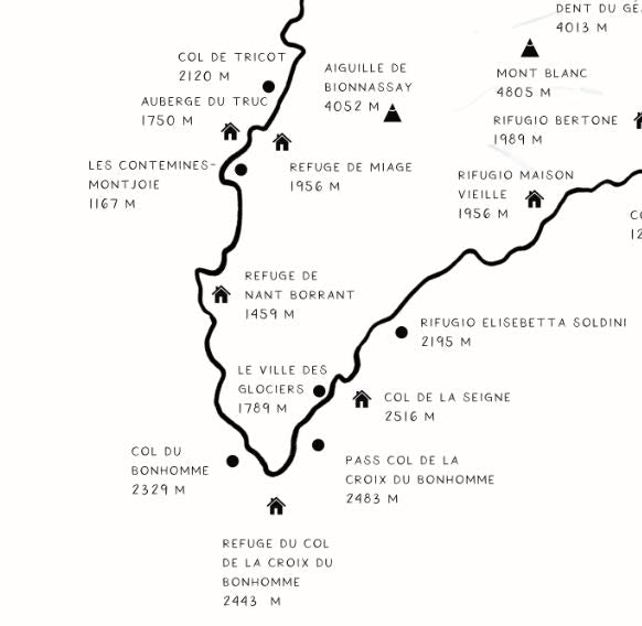 Tour du Mont Blanc Trail Map Poster Hiking Poster Print, Minimalist Design