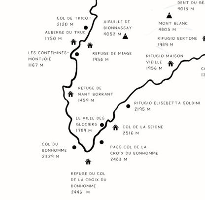 Tour du Mont Blanc Trail Map Poster Hiking Poster Print, Minimalist Design