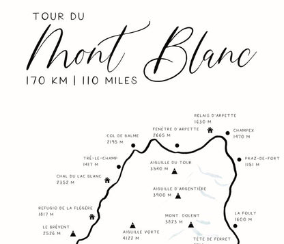 Tour du Mont Blanc Trail Map Poster Hiking Poster Print, Minimalist Design