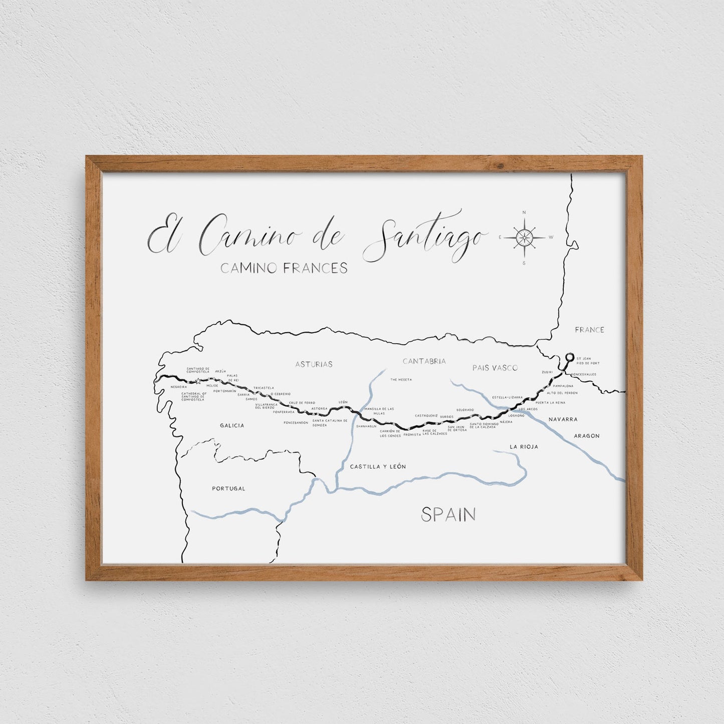 El Camino De Santiago Map Poster Hiking Print, Minimalist Design