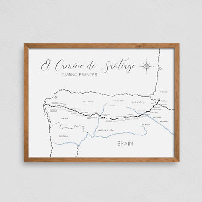 El Camino De Santiago Map Poster Hiking Print, Minimalist Design