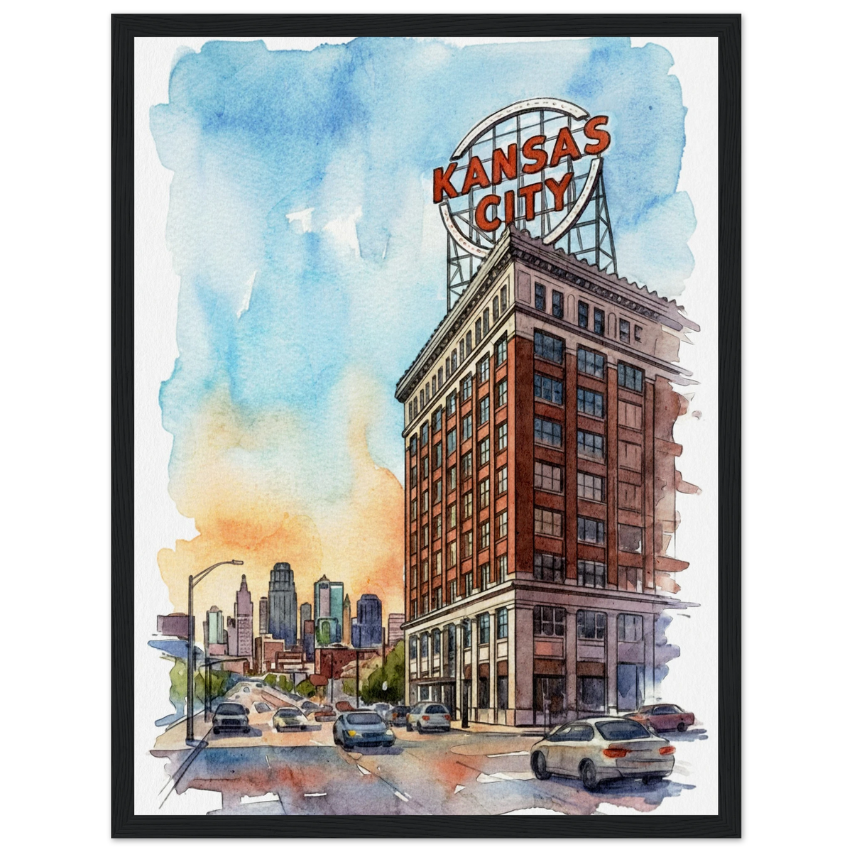 Kansas City Crossroads watercolor artwork featuring the iconic red Kansas City sign