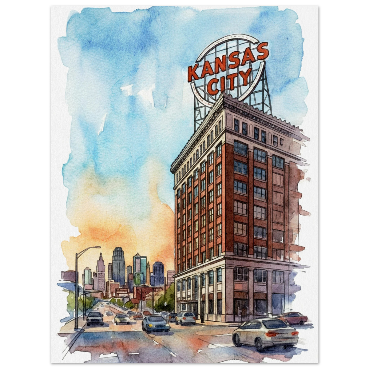 Kansas City street scene watercolor wall art with brick building, cars and blue and gold sky