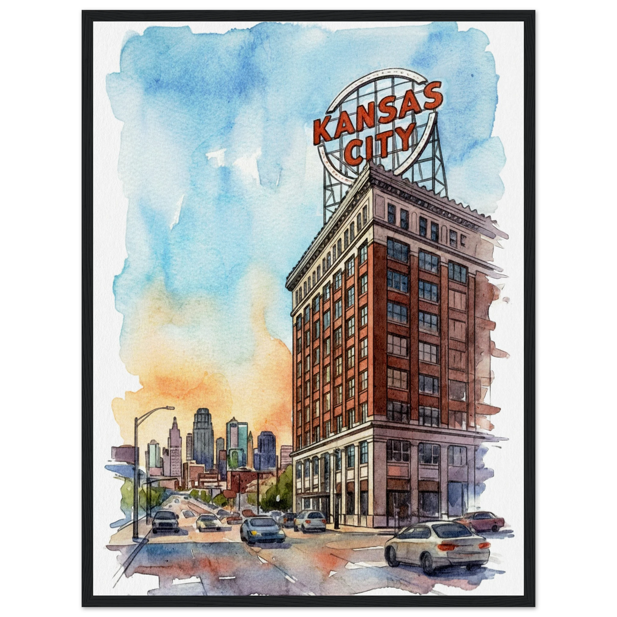 Kansas City Crossroads street scene watercolor print with the red rooftop sign and city skyline