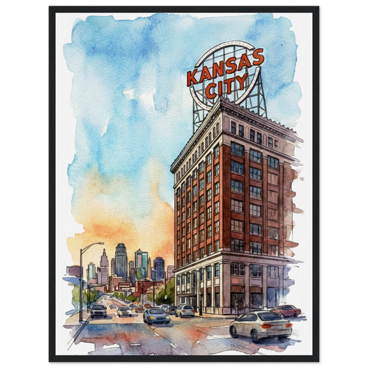 Kansas City Crossroads street scene watercolor print with the red rooftop sign and city skyline